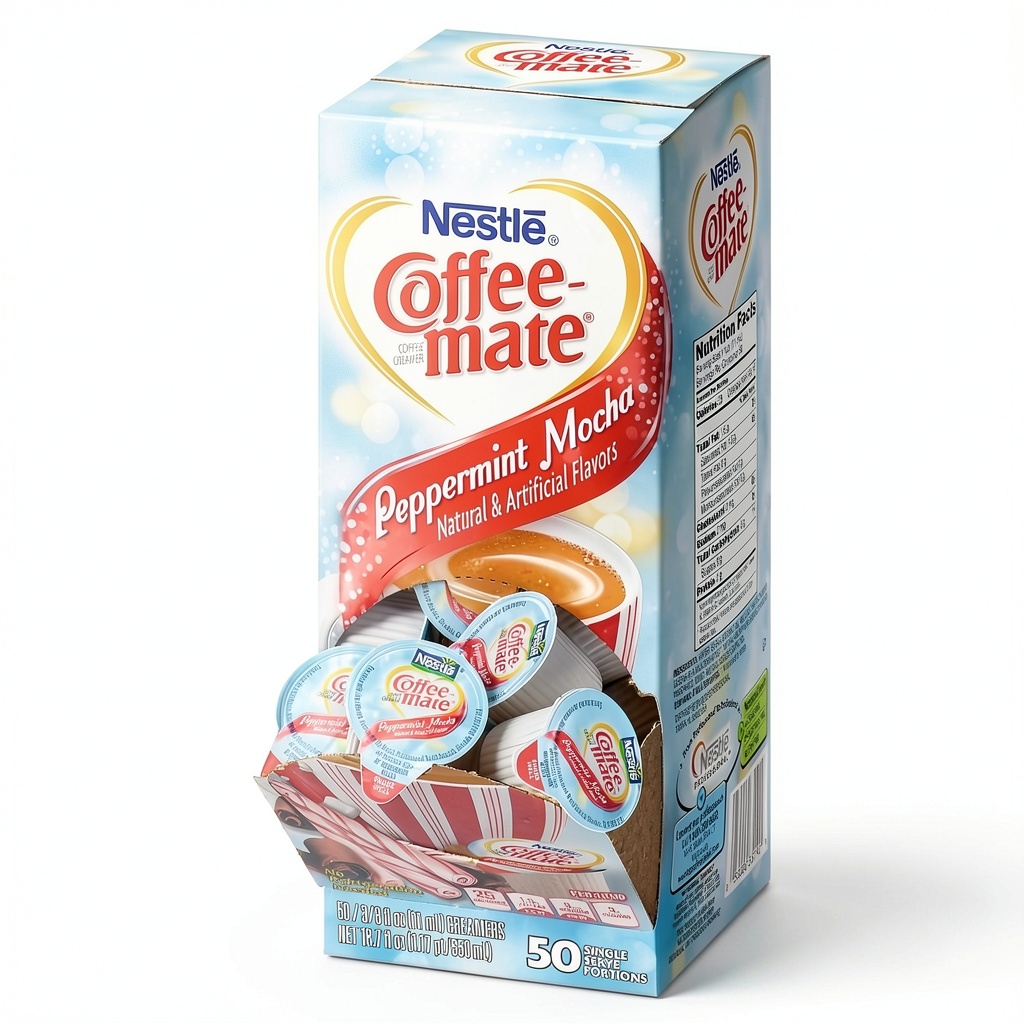 Nestle non-dairy creamer singles dispenser box on a kitchen counter