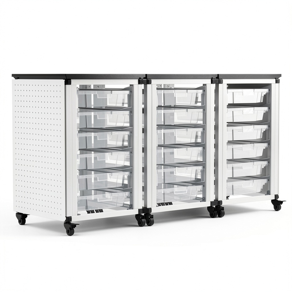 Classroom storage bins stacked in a bright elementary room
