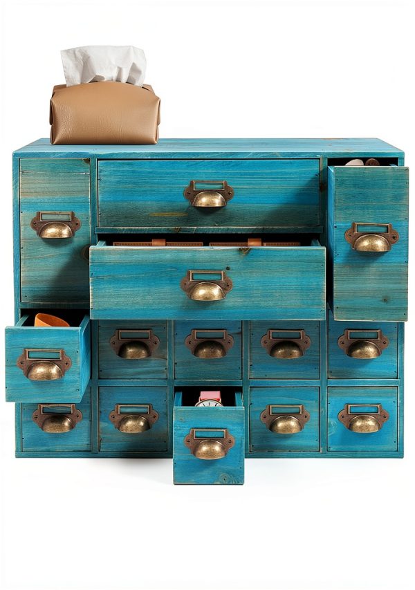 Storage Cabinet Fletxify 14-Drawer Blue Iron Wood Cabinet Model BGQHT5-8