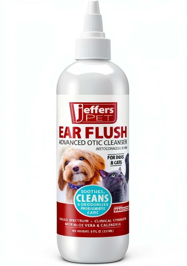 Jeffers Pet Ear Flush for Dogs, Cats & Puppies – Cleans, Deodorizes & Soothes Ears – Gentle Otic Ear Wash with Aloe Vera, Calendula & 0.2% Ketoconazole – Routine Grooming & Wax Control – 8 oz-1