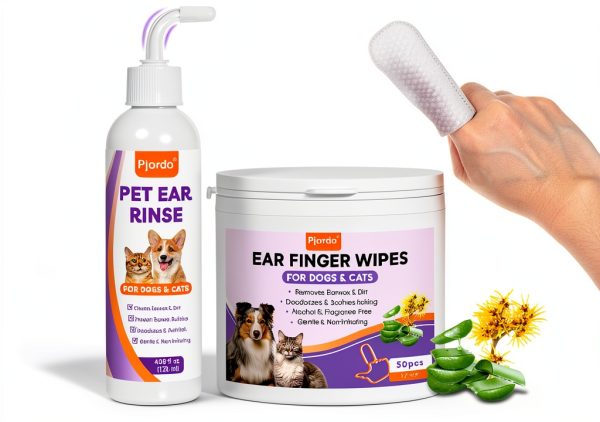 Dog Ear Cleaner Kit by Pjordo Ear Care with Aloe Vera Finger Wipes-0