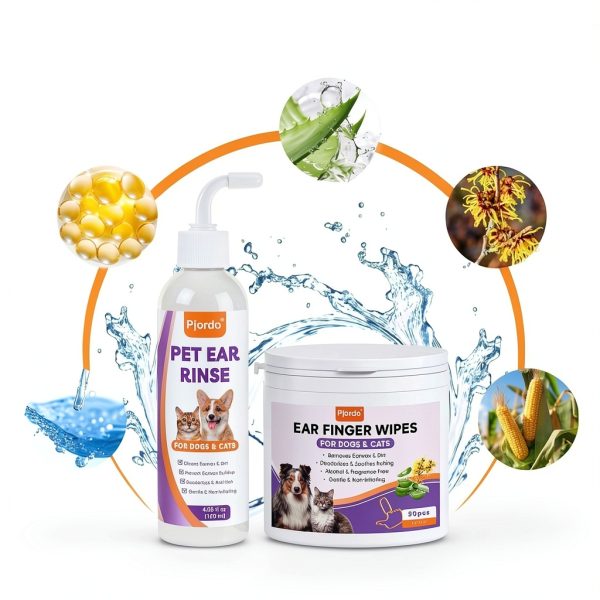 Dog Ear Cleaner Kit by Pjordo Ear Care with Aloe Vera Finger Wipes-4